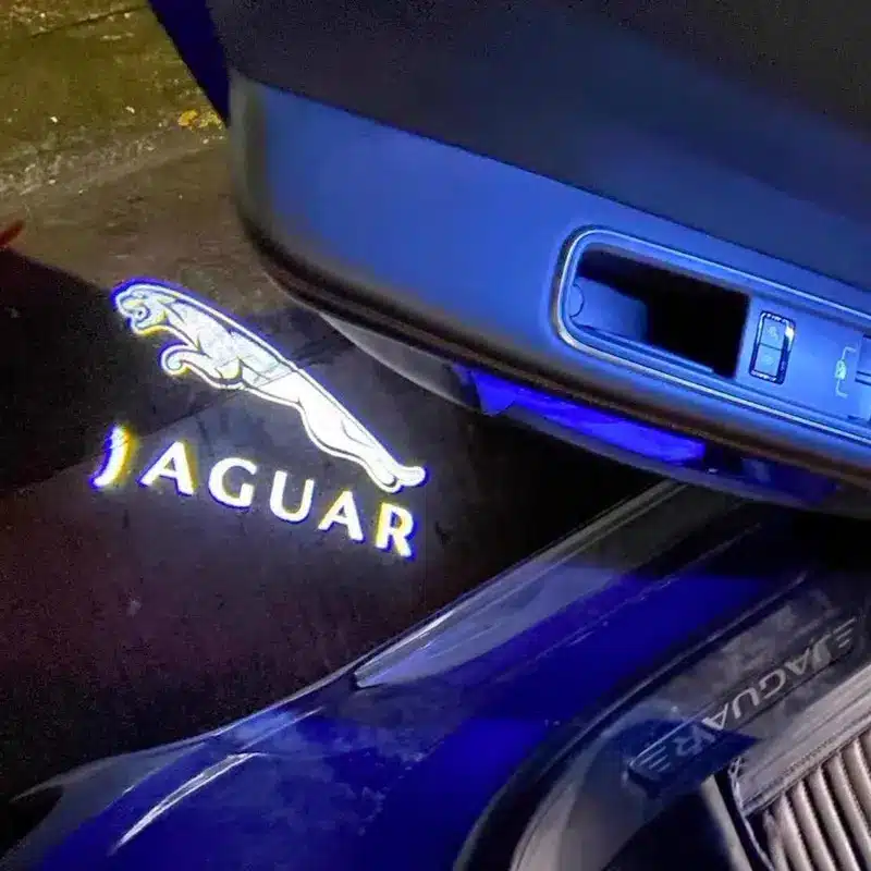 High-definition Jaguar Door Lights for F-Type, F-Pace, and XE models.