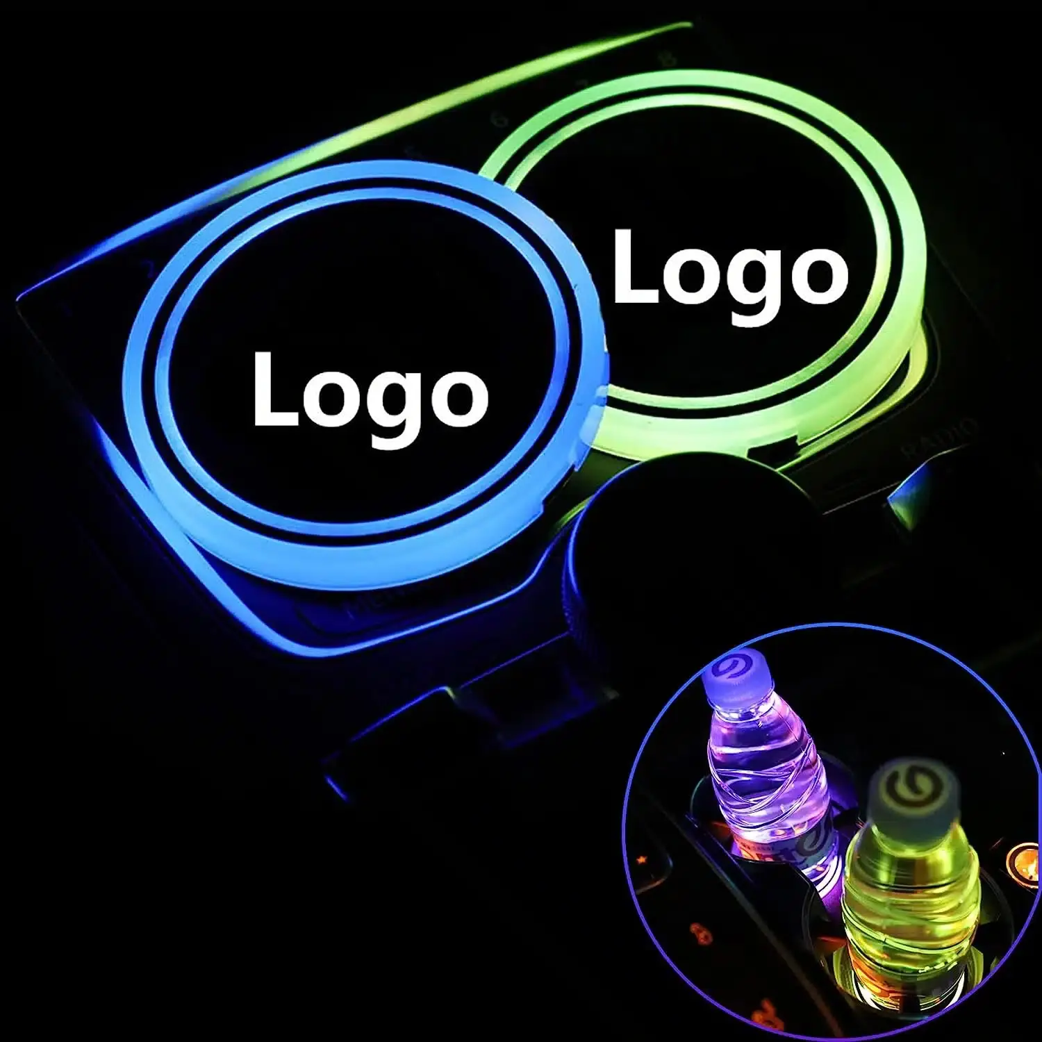 LED cup holder lights glowing in car interior — 7 colour ambient lighting